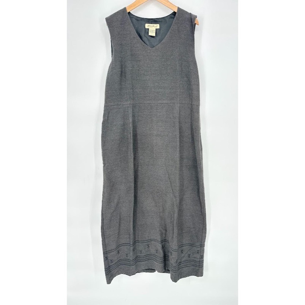 Vintage Eddie Bauer L Jumper Grey Dress Embroidered Lagenlook Cottagcore Modest
